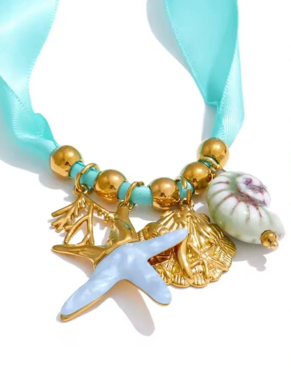 Coastal Gold & Turquoise Ocean Charm Saten Cord Necklace